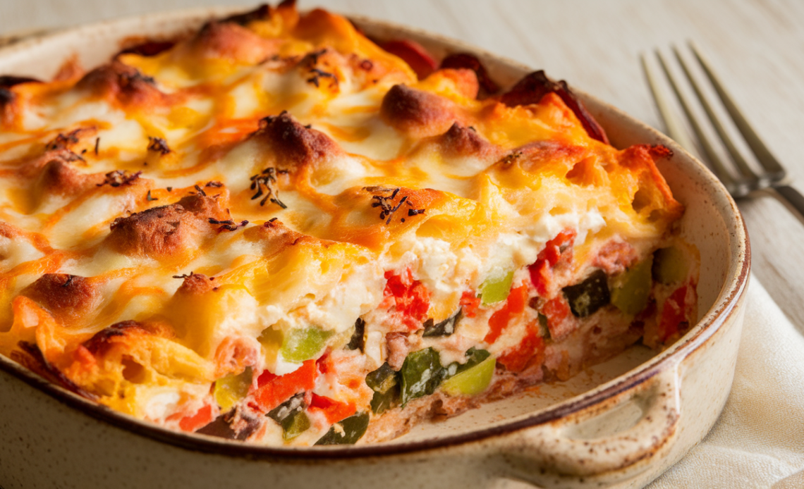 A golden-brown high-protein veggie bake with melted cottage cheese, roasted vegetables, and a crispy top, served fresh from the oven.