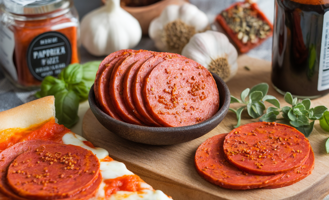 Homemade vegan pepperoni slices on a wooden board with fresh basil and tomato sauce, ready to serve on pizza or as a snack.