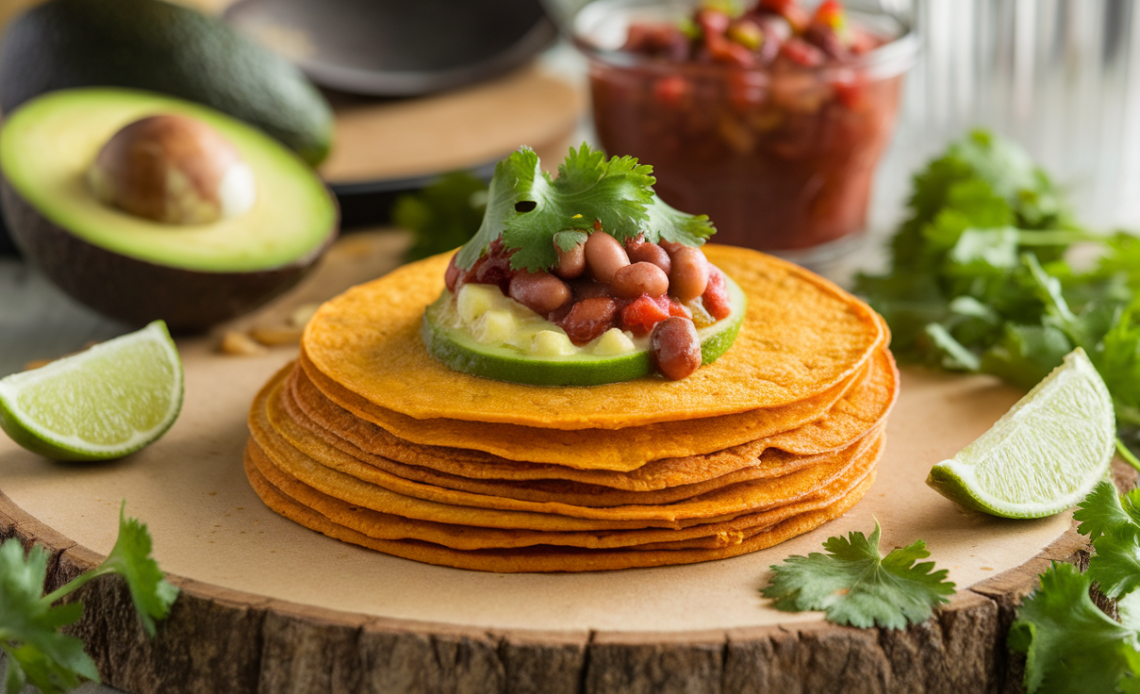 Stack of golden-brown vegan sweet potato tortillas on a wooden board, garnished with fresh herbs.