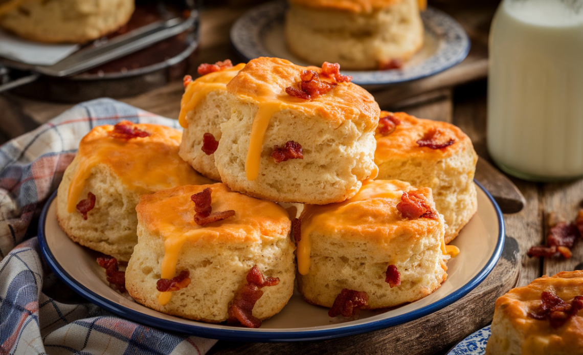 Golden-brown bacon cheddar biscuits fresh from the oven, with melted cheese and crispy bacon bits visible, served on a vintage wooden board.
