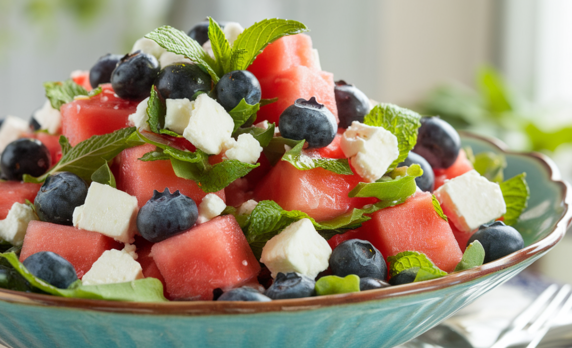 A colorful bowl of watermelon blueberry feta salad with fresh mint leaves and a light dressing.