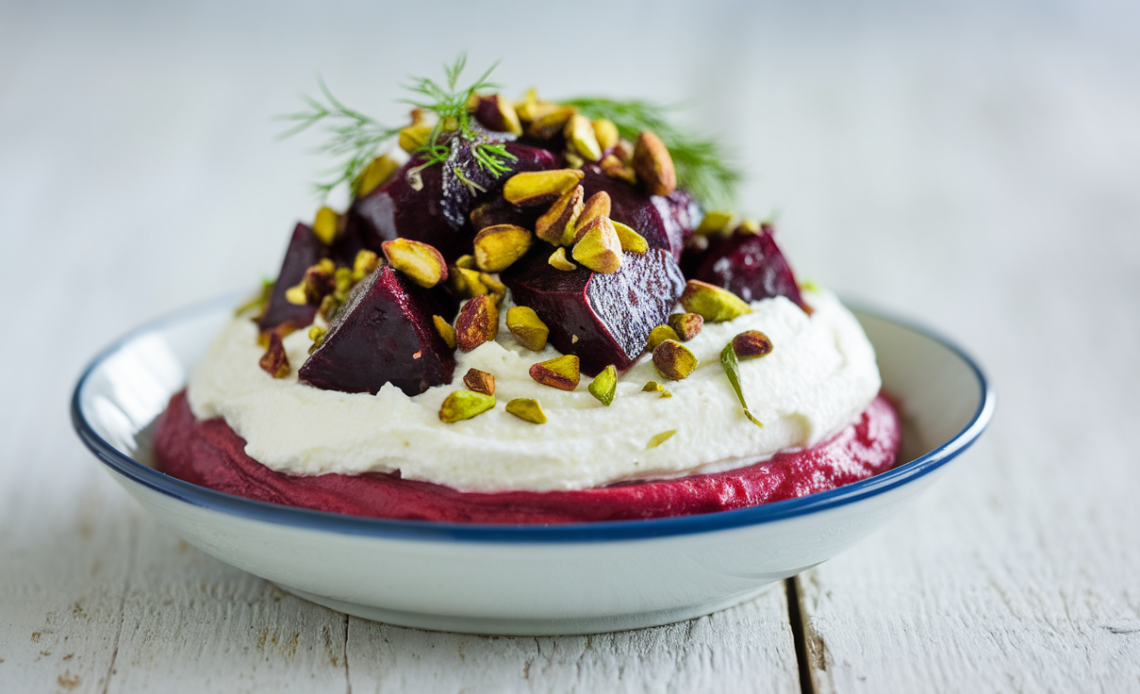Creamy whipped feta dip topped with roasted golden and red beets, crushed pistachios, fresh dill, and a drizzle of honey on a rustic wooden board.