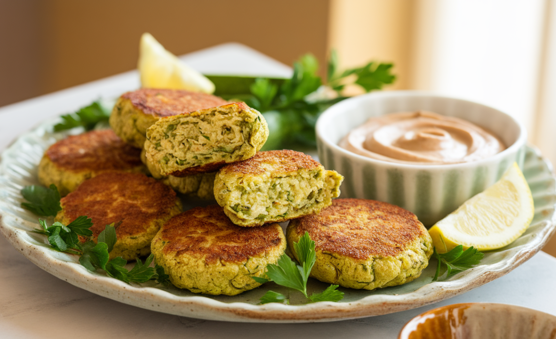 Golden-brown zucchini falafel balls served on a plate with fresh herbs, lemon wedges, and a side of tahini sauce