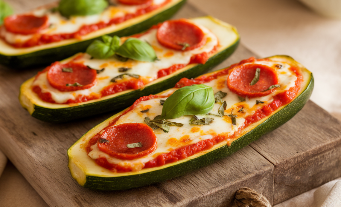 Golden-baked zucchini boats topped with melted cheese, pepperoni, tomato sauce, and fresh basil on a white plate.