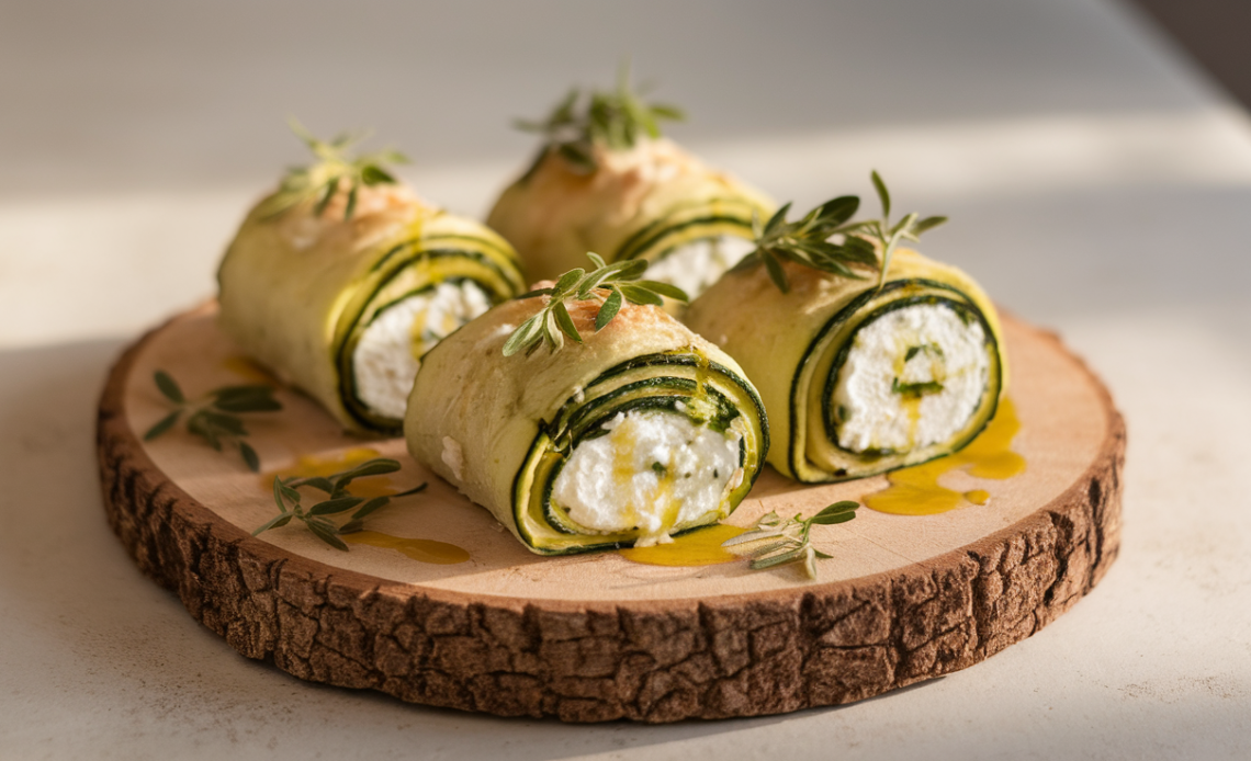 Golden baked zucchini slices rolled with herbed ricotta cheese filling, topped with marinara sauce and fresh basil.