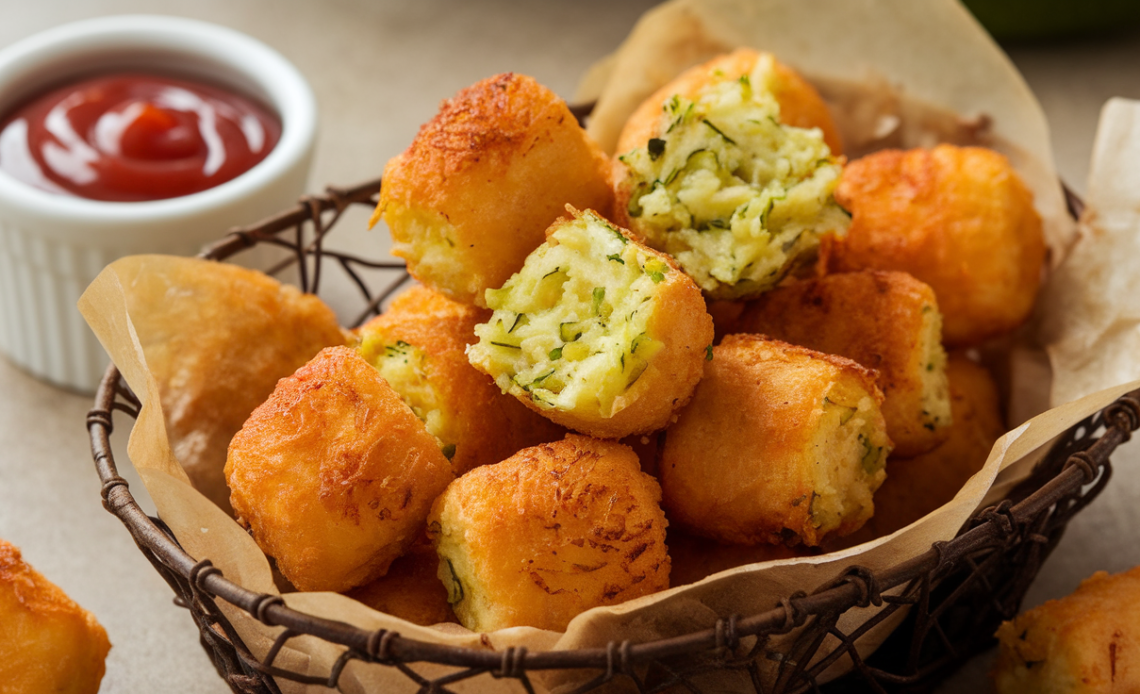 Crispy baked zucchini tater tots with golden-brown crust, served on a white plate with a side of dipping sauce.
