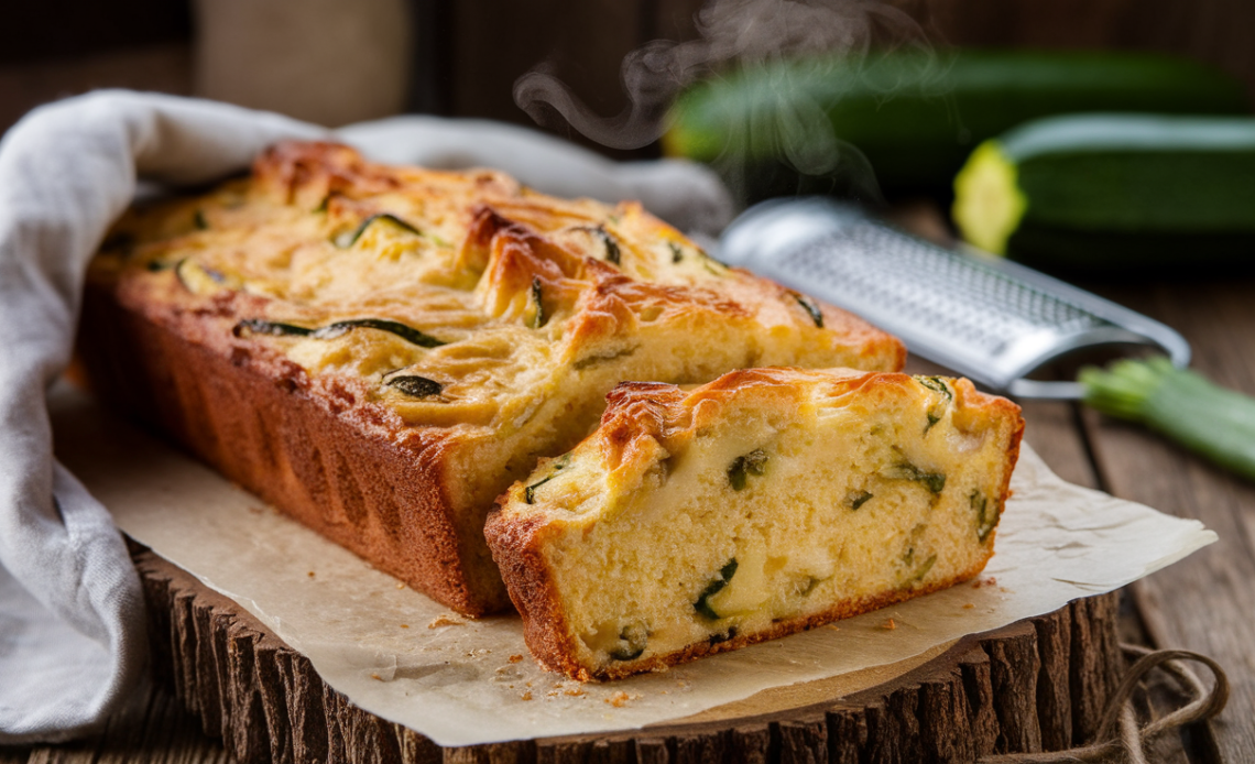 Freshly baked zucchini cheesy bread with melted cheddar and herbs, sliced and served on a wooden board.