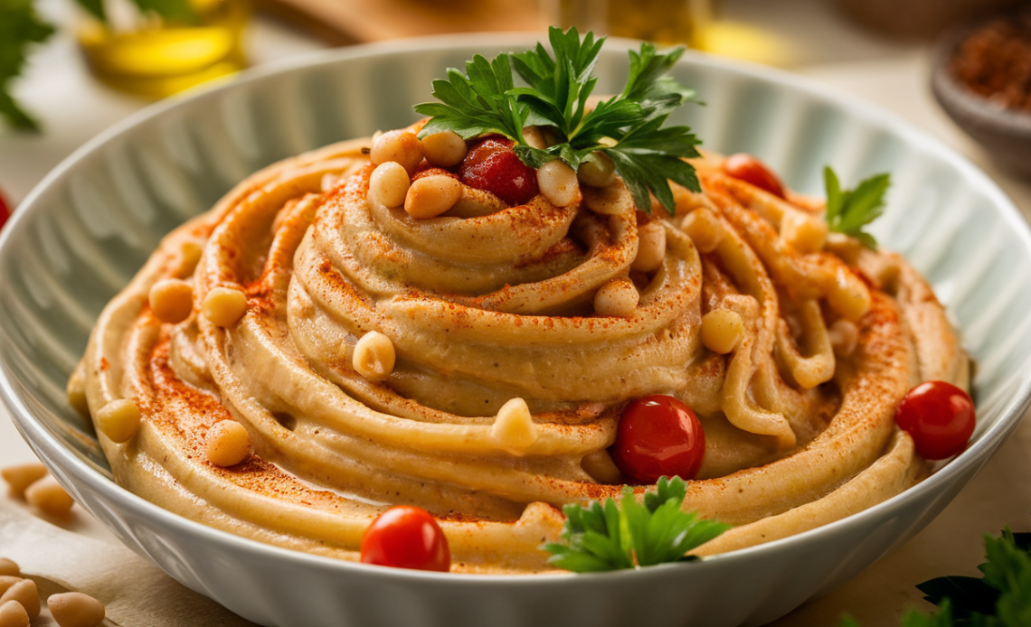 Creamy hummus pasta topped with fresh parsley and cherry tomatoes in a white bowl.