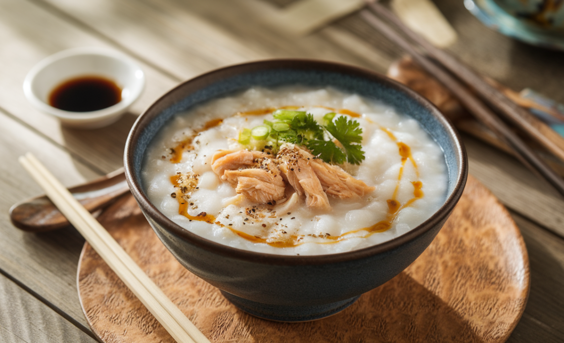 Bowl of creamy chicken congee garnished with green onions, ginger, and cilantro, served with soy sauce and chili oil on the side.
