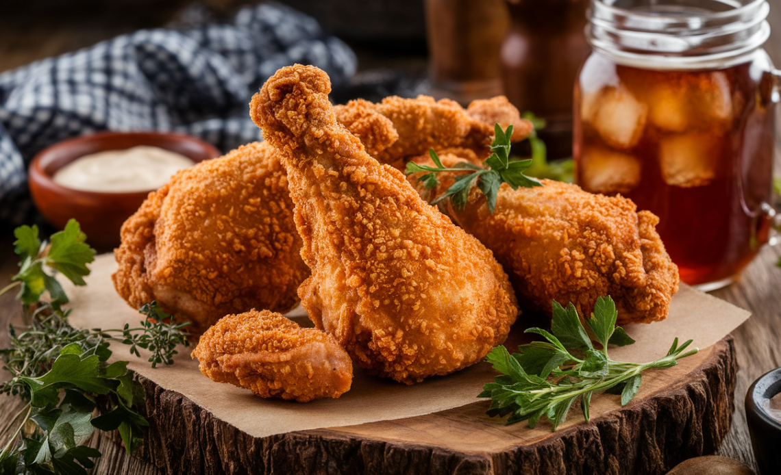 Golden crispy Southern fried chicken with a crunchy crust, served on a rustic wooden board with fresh herbs.