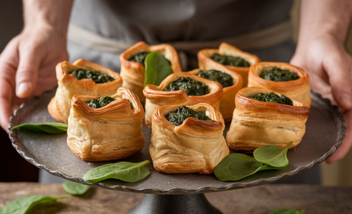 Golden-brown crispy spinach puffs with flaky pastry and green spinach filling.