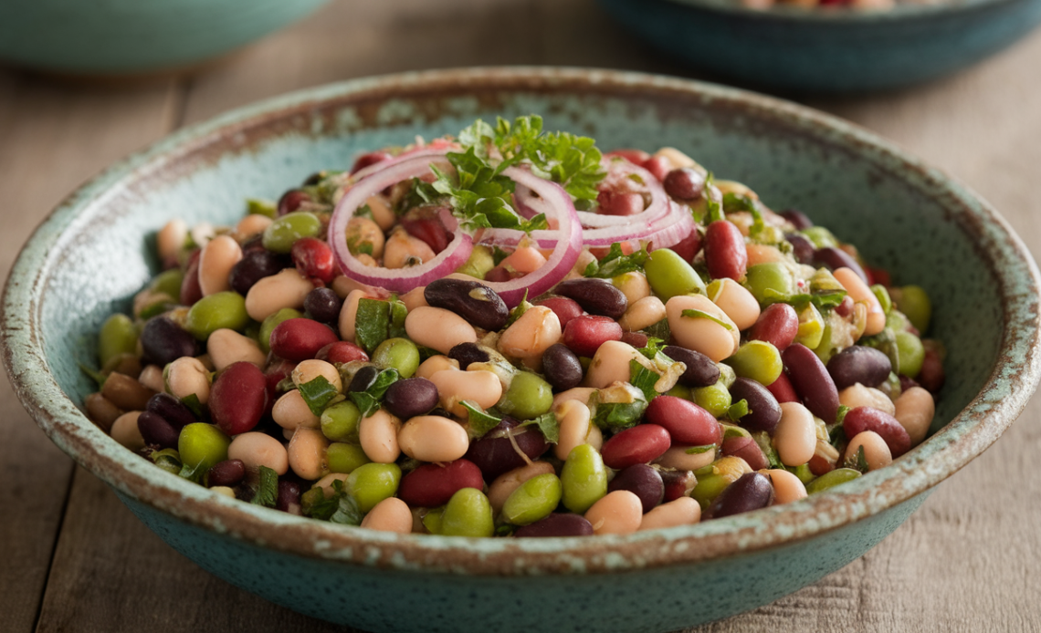 A colorful 5 bean salad in a white bowl, featuring kidney beans, chickpeas, green beans, black beans, and cannellini beans, garnished with chopped red onions and parsley.