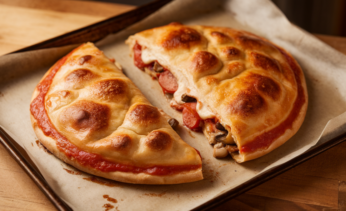 Golden-brown calzone cut open to reveal melted cheese, tomato sauce, and savory fillings on a wooden board with a side of marinara sauce.
