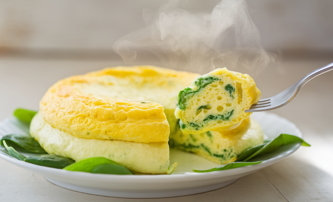 Fluffy green soufflé omelette with fresh herbs on a white plate, garnished with microgreens and a side of cherry tomatoes.