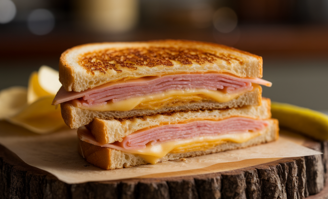 Golden-brown grilled ham and cheese sandwich with melted cheddar, crispy edges, and toasted bread, served on a wooden board.