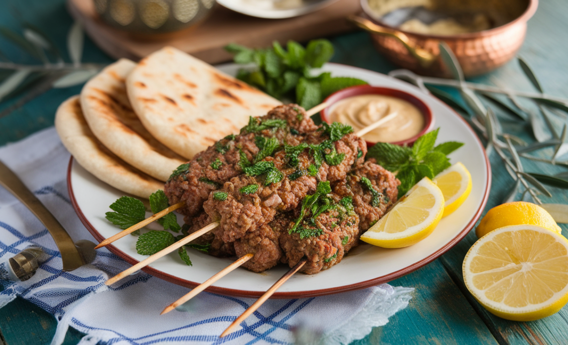 Juicy Lebanese kafta kebabs on a grill with fresh parsley, served with grilled tomatoes and onions on a wooden platter.