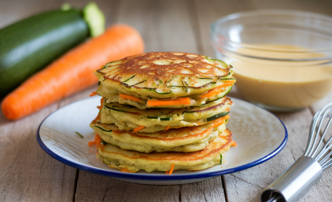 Golden-brown zucchini carrot pancakes topped with fresh herbs and sour cream, served on a white plate.