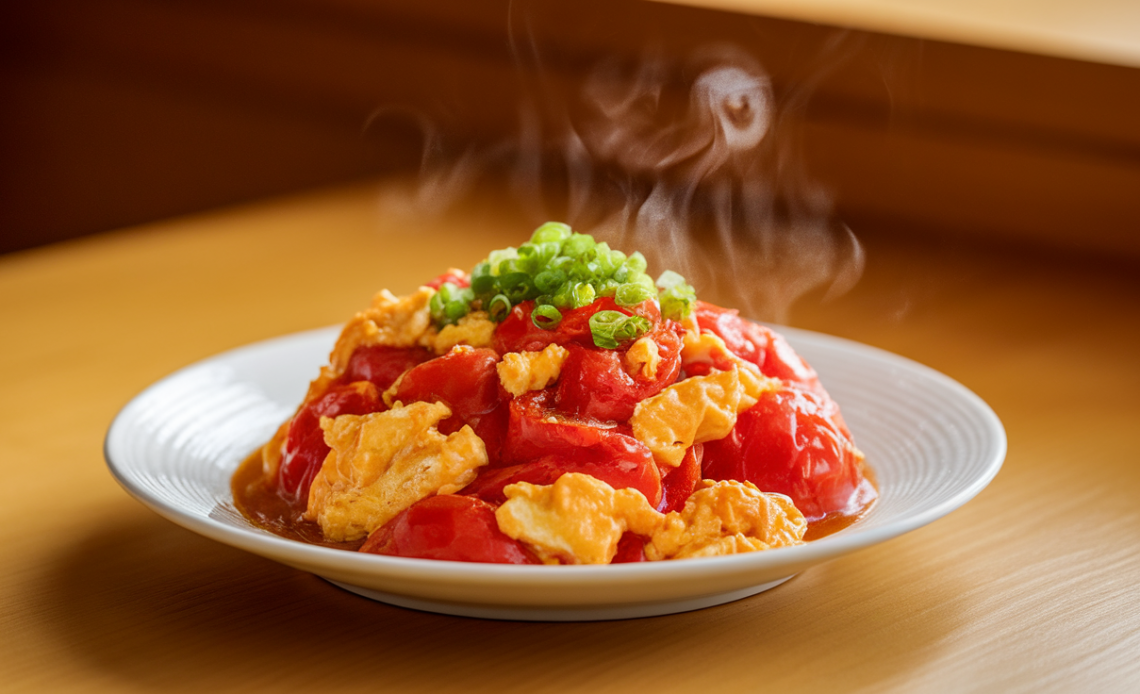 Quick and easy Chinese tomato egg stir-fry in a pan, featuring juicy tomatoes, fluffy scrambled eggs, and green onions, ready in 15 minutes.
