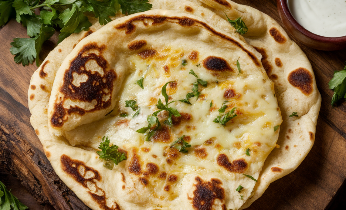 Freshly baked high-protein cheesy garlic naan on a wooden board, topped with melted cheese and herbs, made with just 3 ingredients.