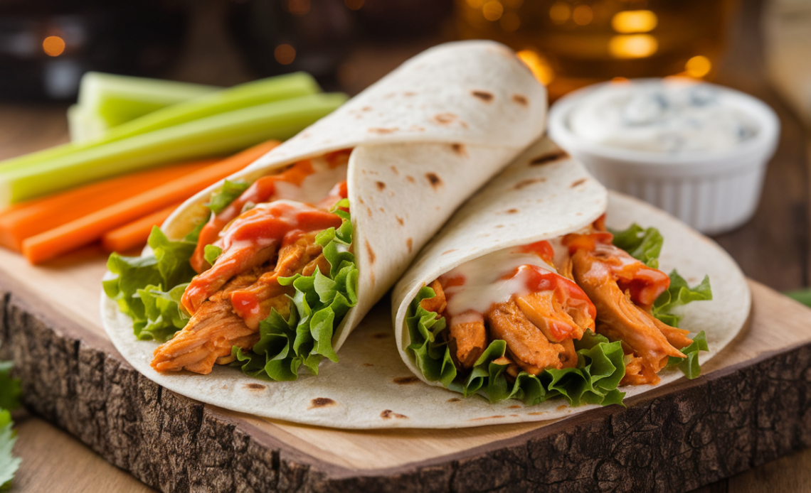 Quick buffalo chicken wrap with shredded chicken, hot sauce, blue cheese, and fresh veggies in a flour tortilla.