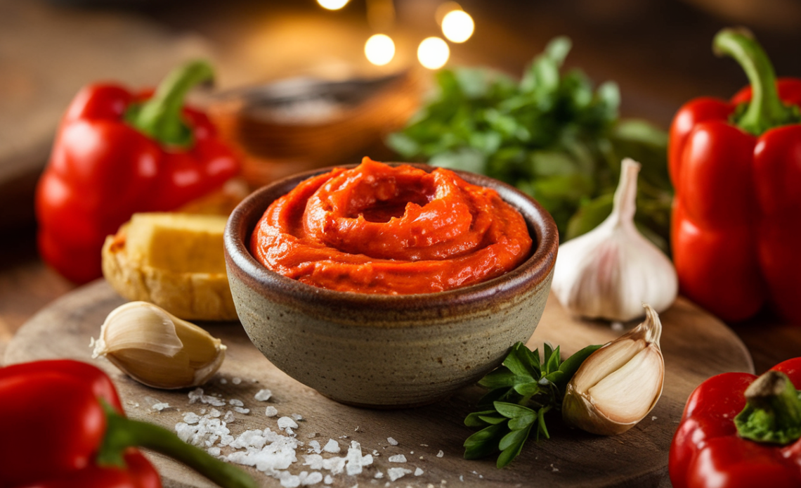 Homemade roasted red pepper spread in a white bowl with crackers and fresh herbs, ready to serve.