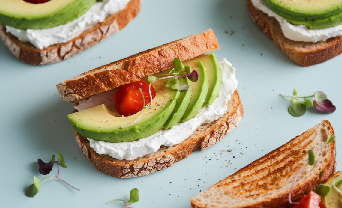 Creamy avocado and cottage cheese sandwich on whole-grain bread with fresh arugula and cherry tomatoes.