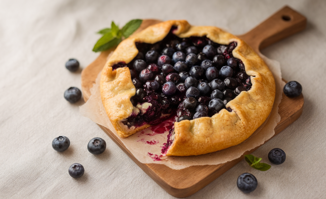 Rustic blueberry galette with flaky golden crust, fresh blueberries, and a drizzle of honey on a wooden table.