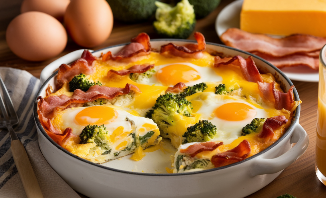 Freshly baked broccoli cheddar egg bake with crispy turkey bacon, sliced and served on a white plate.