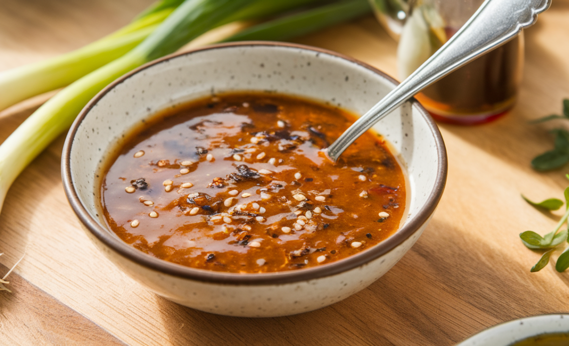 Glass jar of creamy charred scallion dressing with flecks of blackened scallions, drizzled over a fresh green salad.