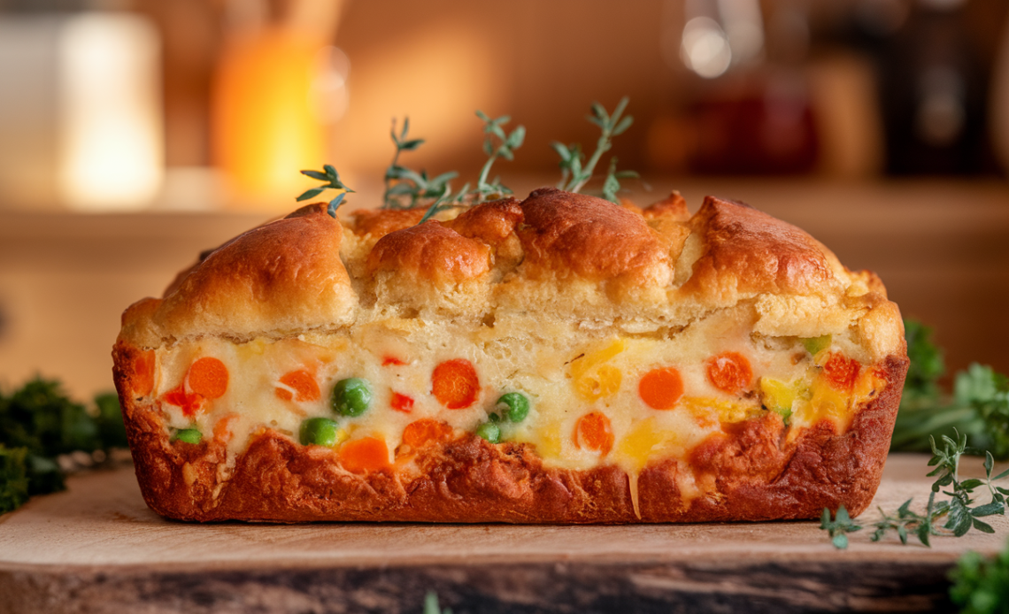 Freshly baked Cheddar & Mixed Vegetable Loaf on a wooden cutting board, sliced to show melted cheese and colorful veggies inside.