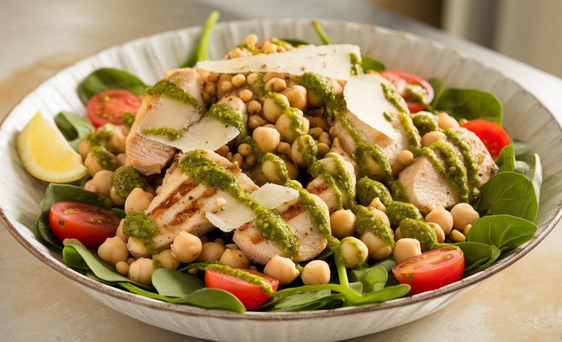 Fresh chicken chickpea pesto salad with grilled chicken, chickpeas, cherry tomatoes, avocado, and basil pesto dressing in a white bowl.