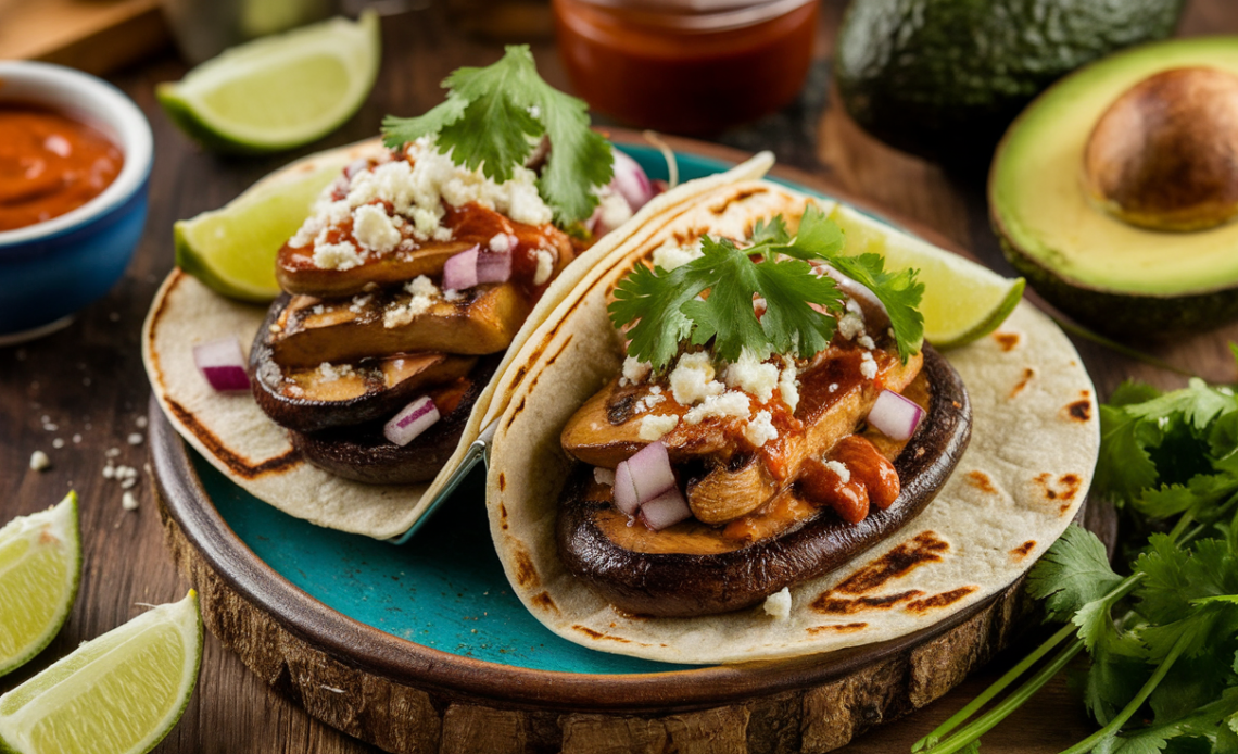 Fresh Chipotle Portobello Mushroom Tacos with avocado, cilantro, and lime on a wooden table.