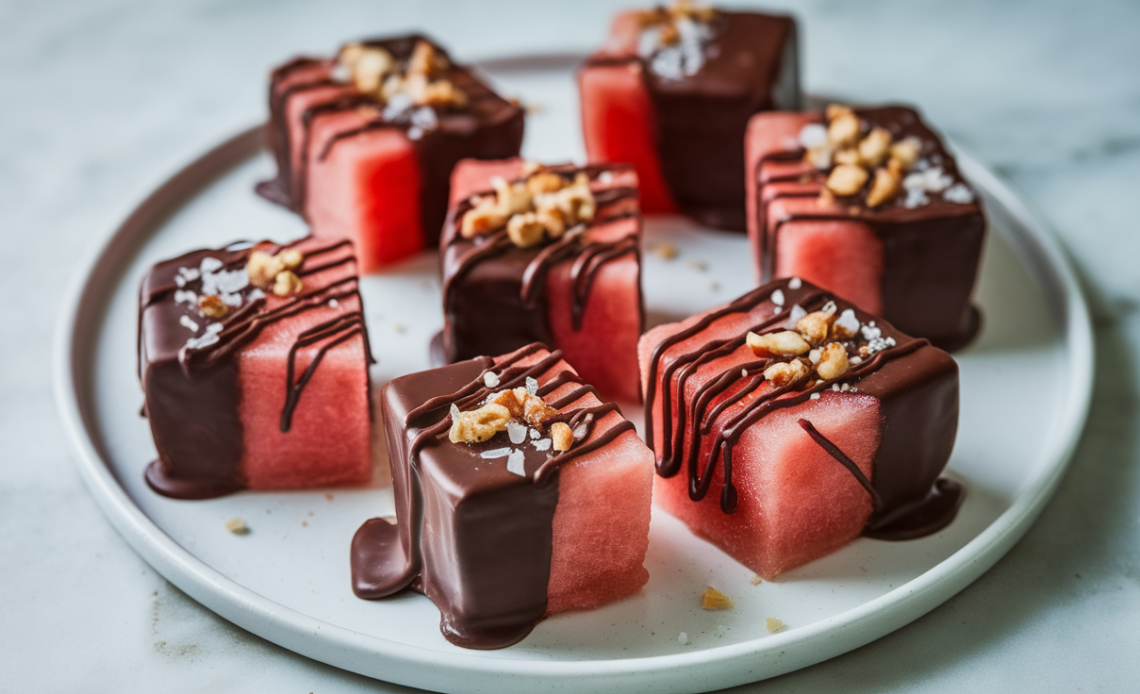 Chocolate-dipped watermelon bites on a plate with melted dark chocolate drizzled on top, garnished with crushed pistachios.
