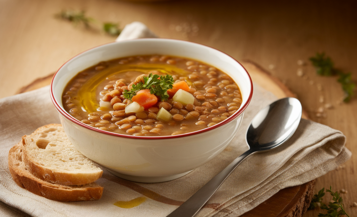 Hearty classic lentil soup in a white bowl, garnished with fresh parsley and a drizzle of olive oil, served with crusty bread.