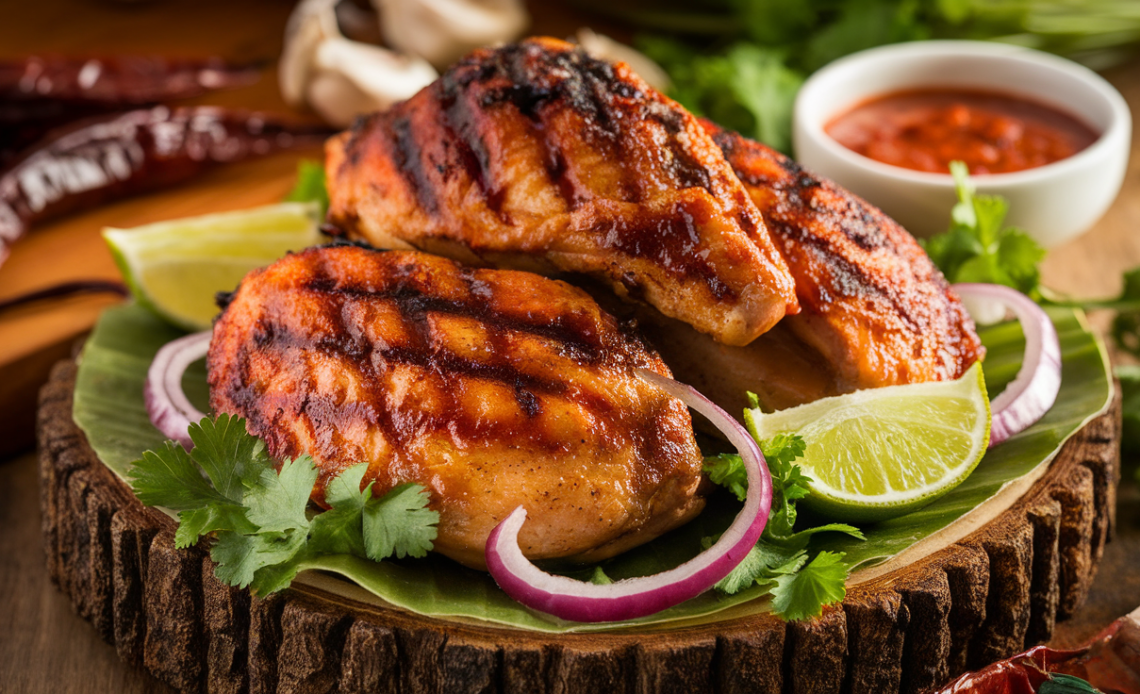 Juicy grilled chicken thighs marinated in Chipotle-style spices with charred edges, served with lime wedges and fresh cilantro on a wooden board.