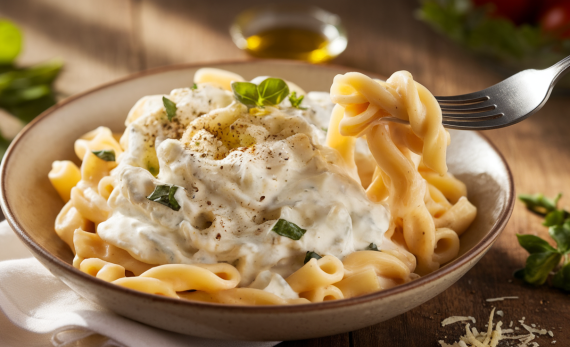 Creamy cottage cheese pasta with garlic, herbs, and cherry tomatoes in a white bowl, garnished with fresh basil.