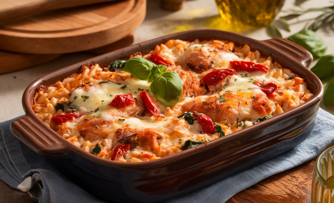 Creamy Orzo Tuscan Chicken Bake with sun-dried tomatoes, spinach, and melted cheese in a baking dish, garnished with fresh basil.