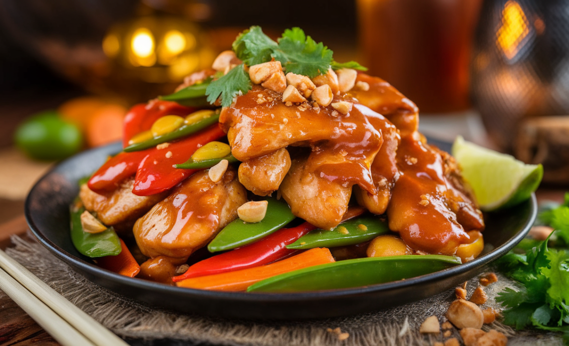 Creamy peanut satay chicken stir fry with colorful bell peppers, served over steamed rice and garnished with crushed peanuts and cilantro.