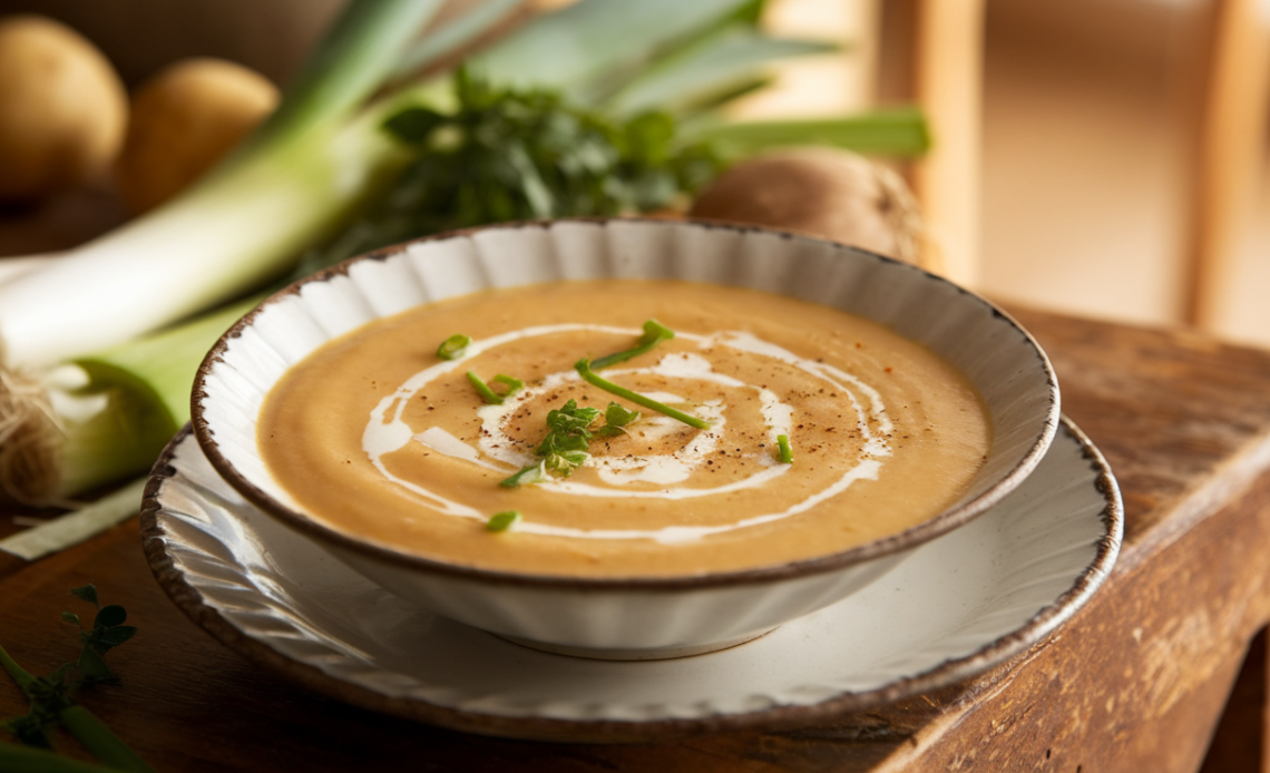 Creamy potato leek soup in a white bowl, garnished with fresh chives and a drizzle of cream, served with crusty bread on the side.