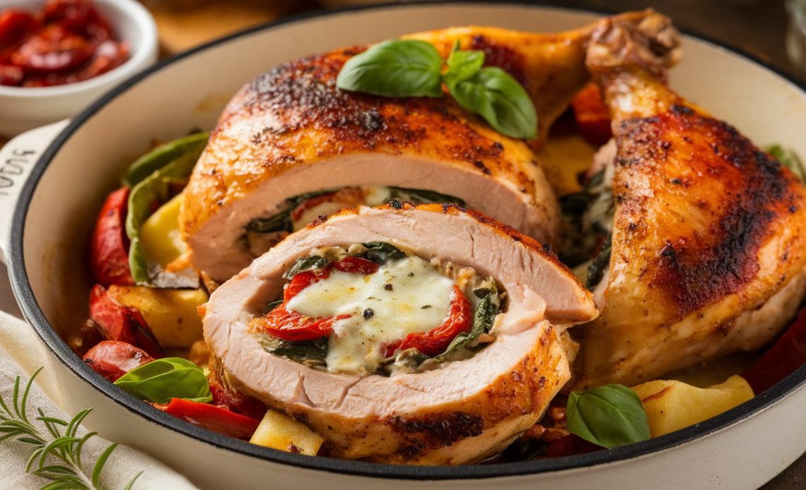 Golden seared Tuscan chicken breast stuffed with sun-dried tomatoes, spinach, and creamy cheese, garnished with fresh herbs and served with a creamy garlic sauce.
