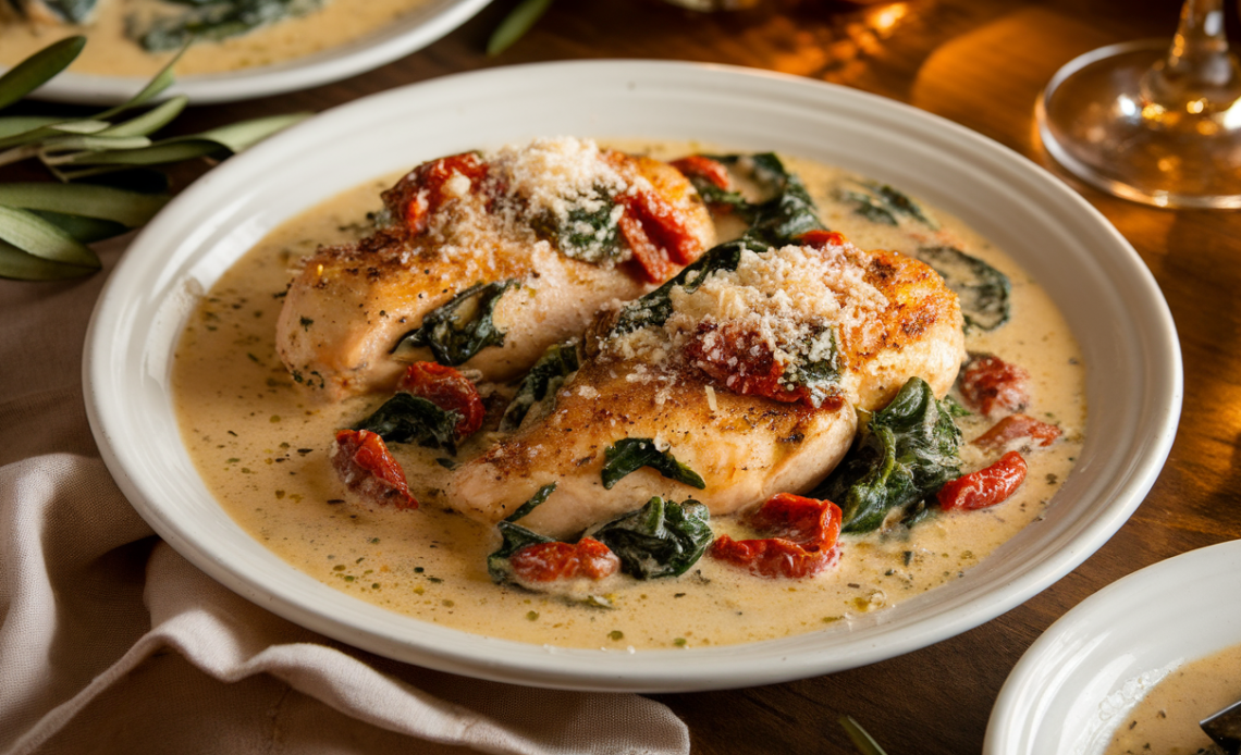 Creamy Tuscan Chicken with sun-dried tomatoes, spinach, and garlic in a rich parmesan cream sauce, served over pasta.