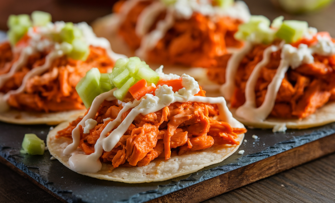 Crispy golden chalupa shells filled with spicy buffalo chicken, drizzled with creamy ranch and topped with fresh cilantro and crumbled blue cheese.