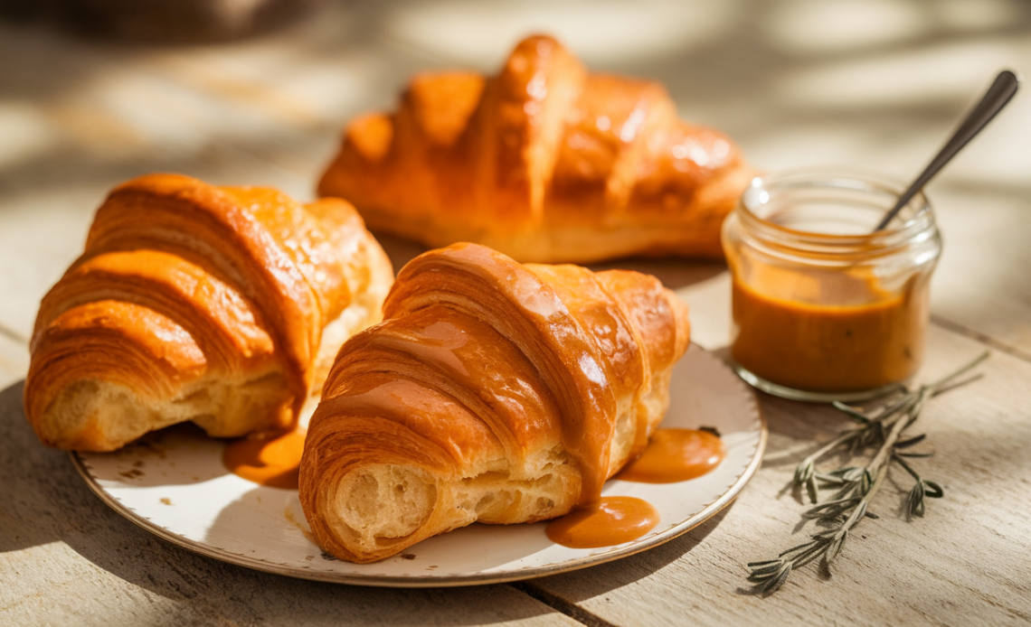 Freshly baked, flaky croissants drizzled with sweet and tangy maple mustard sauce on a rustic wooden table.