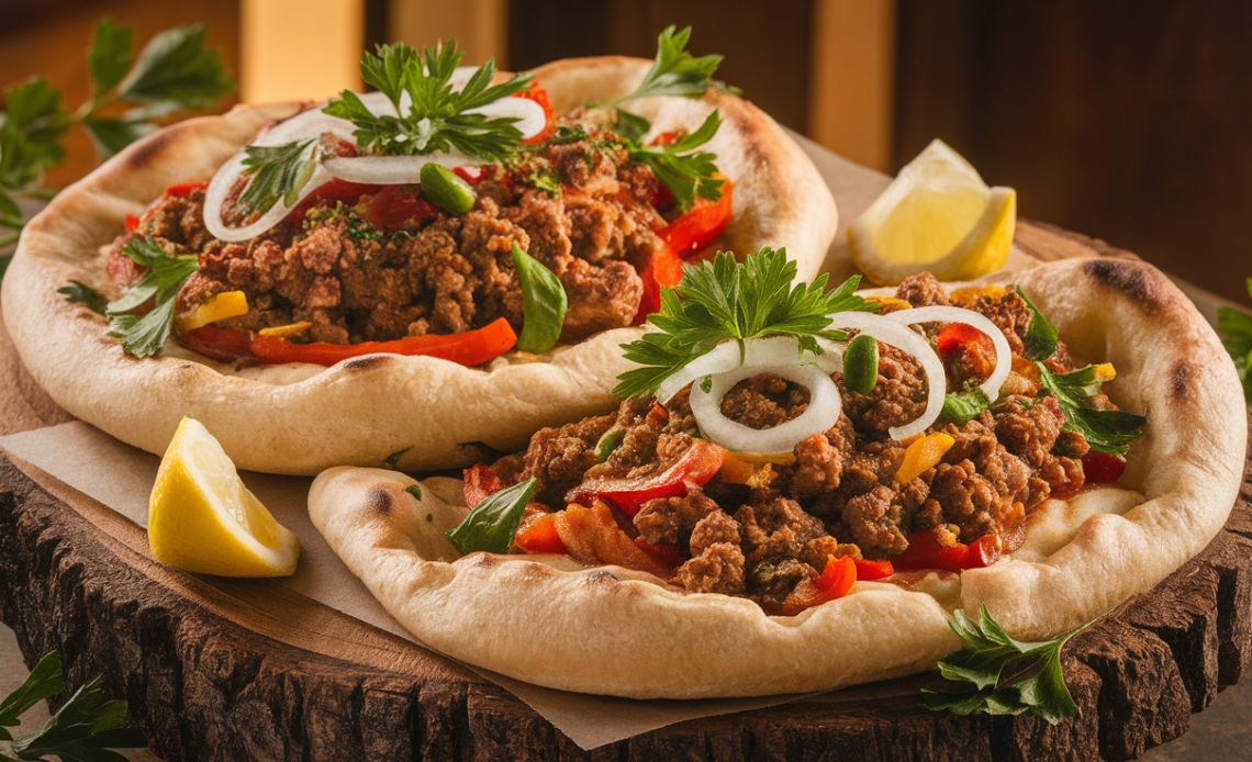 Freshly baked lahmacun (Turkish flatbread) topped with spiced minced meat, herbs, and vegetables, served with lemon wedges and parsley.