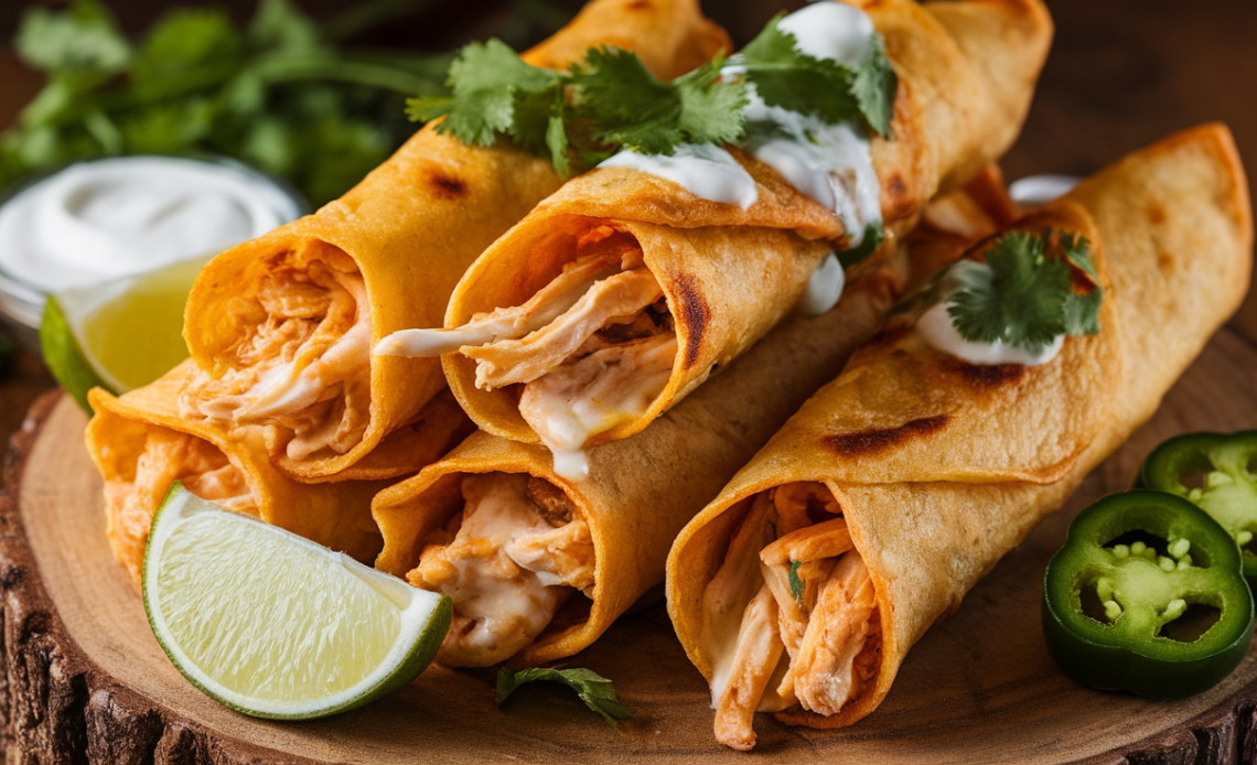 Golden crispy chicken taquitos filled with spicy jalapeño popper mixture, topped with melted cheese and cilantro, served with creamy dipping sauce.