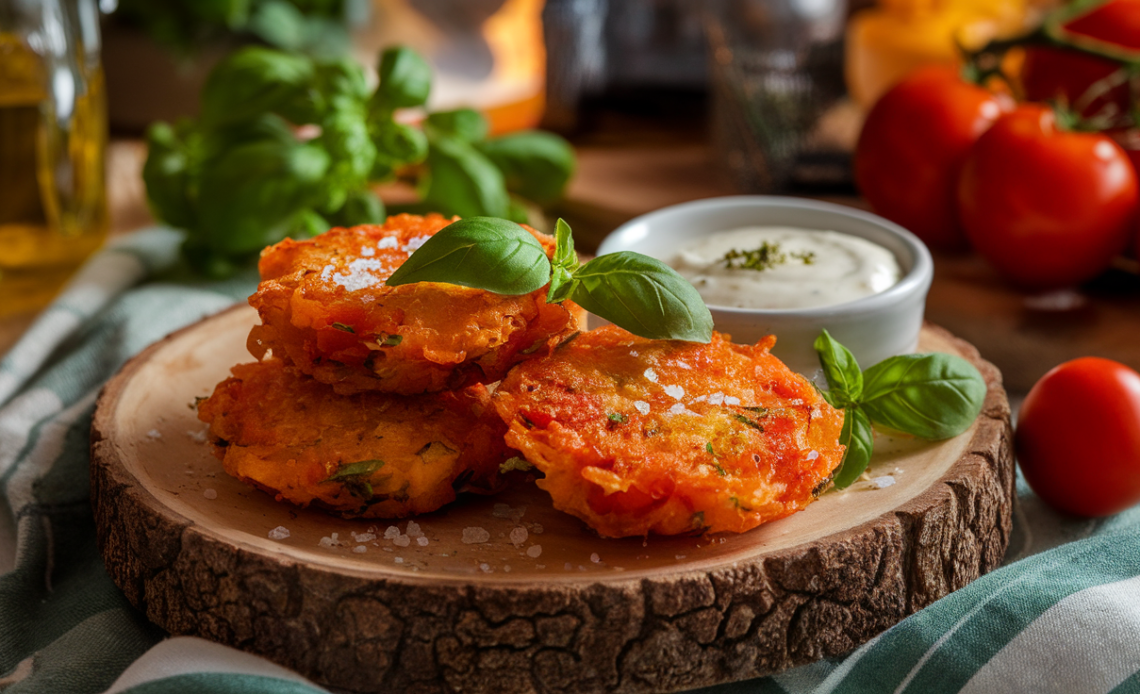 Crispy golden tomato fritters with fresh herbs, served on a white plate with a yogurt dipping sauce.