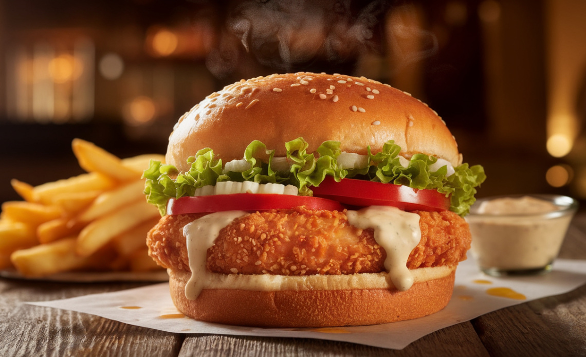 Homemade Crispy Zinger Burger with spicy fried chicken, fresh lettuce, creamy mayo, and soft buns on a wooden table.