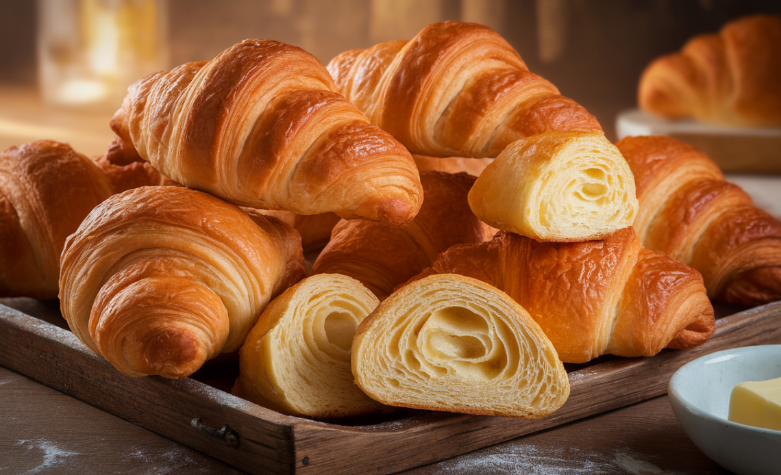 Freshly baked golden croissant broodjes filled with ham and cheese, served on a rustic wooden board.