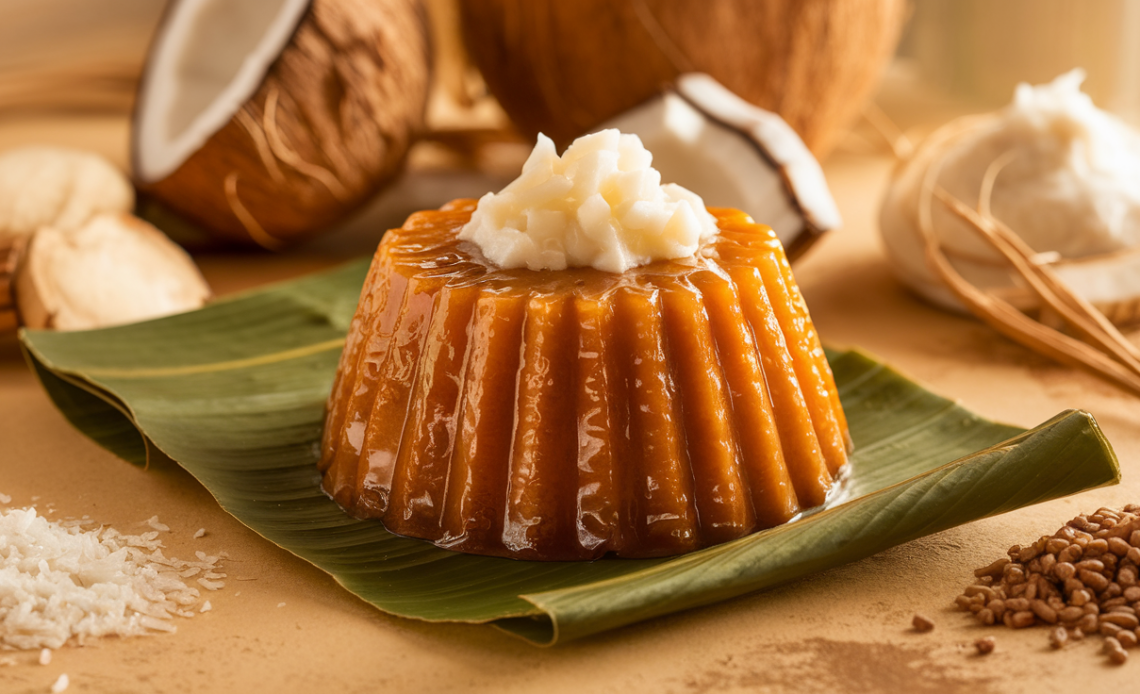 Homemade Filipino biko rice cake topped with golden latik (coconut curds) on a banana leaf, ready to serve.