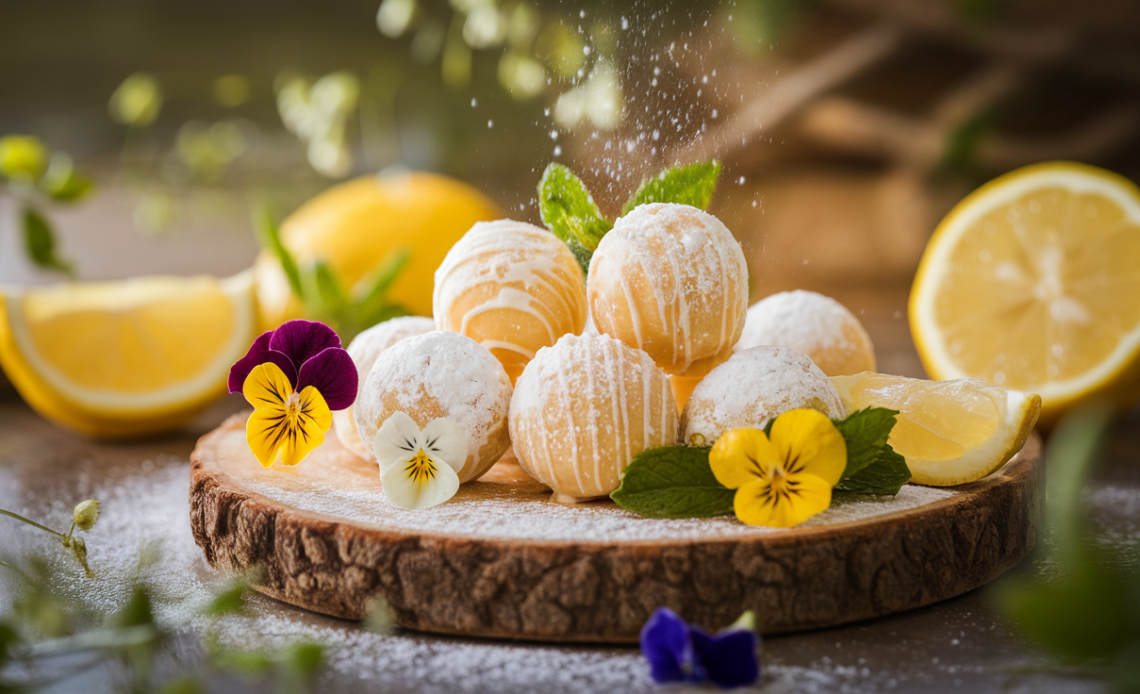 Homemade lemon truffles with white chocolate coating and lemon zest garnish on a marble table.